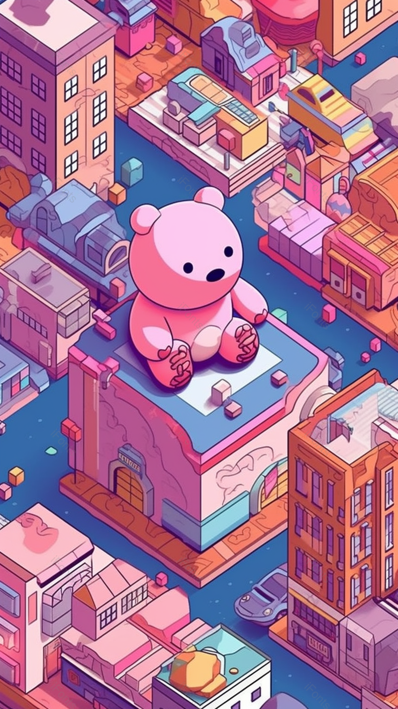 玩具小熊楼房房屋城市六一儿童节背景粉色插画,插画/手绘图,插画/手绘图库,插画/手绘图下载,插画/手绘